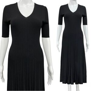 Tahari Ribbed Knit V-Neck Black Pleated Midi Dress Size M